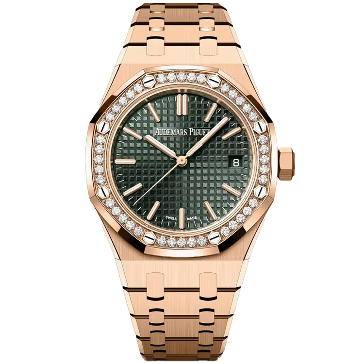 Audemars Piguet Royal Oak Selfwinding 15551OR.ZZ.1356OR.06 – 18 ct Pink Gold, Diamond-Set Bezel, Green “Grande Tapisserie” Dial, 37 mm