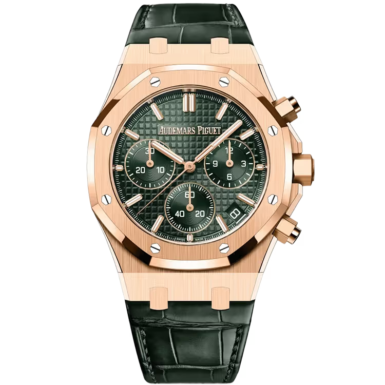 Audemars Piguet, Royal Oak, 26240OR, Green Dial, Selfwinding Chronograph, 18-Carat Pink Gold, 41 mm, Leather Strap