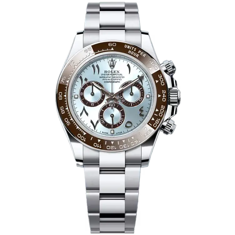 Cosmograph Daytona in platinum with an ice-blue dial featuring Arabic numerals and contrasting counter rings. It features an Oyster bracelet and a chestnut brown Cerachrom bezel with tachymetric scale.