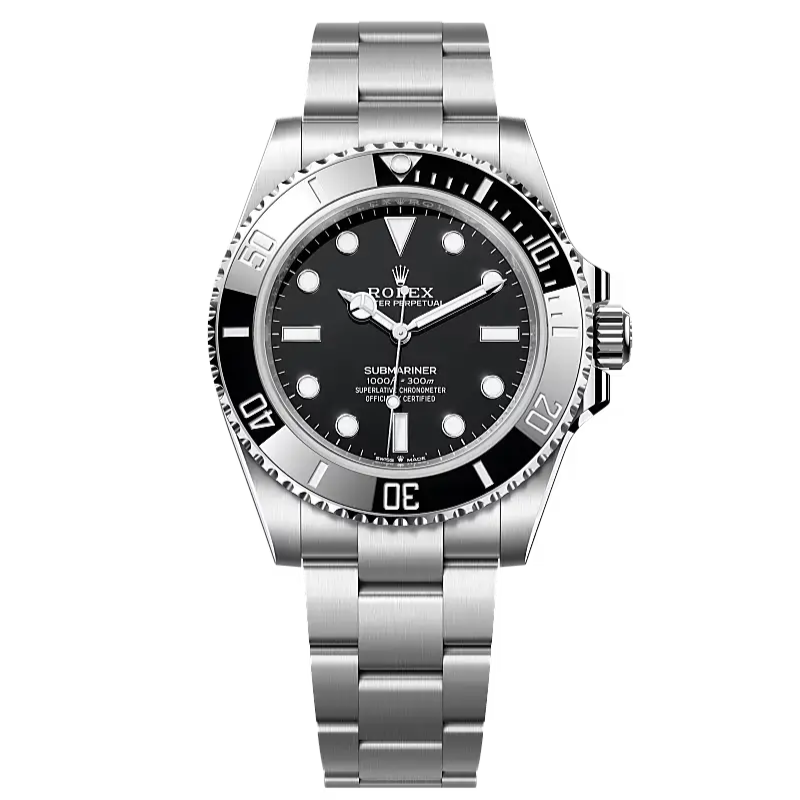 Submariner in Oystersteel with a Cerachrom bezel insert in black ceramic and a black dial with large luminescent hour markers.
