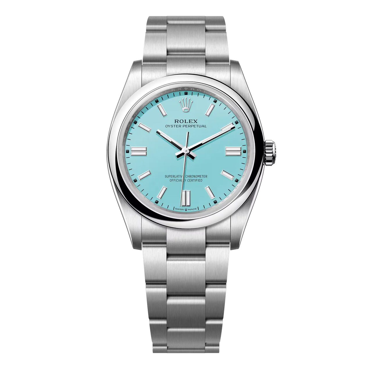 The Oyster Perpetual 36 with a turquoise blue dial and an Oyster bracelet.