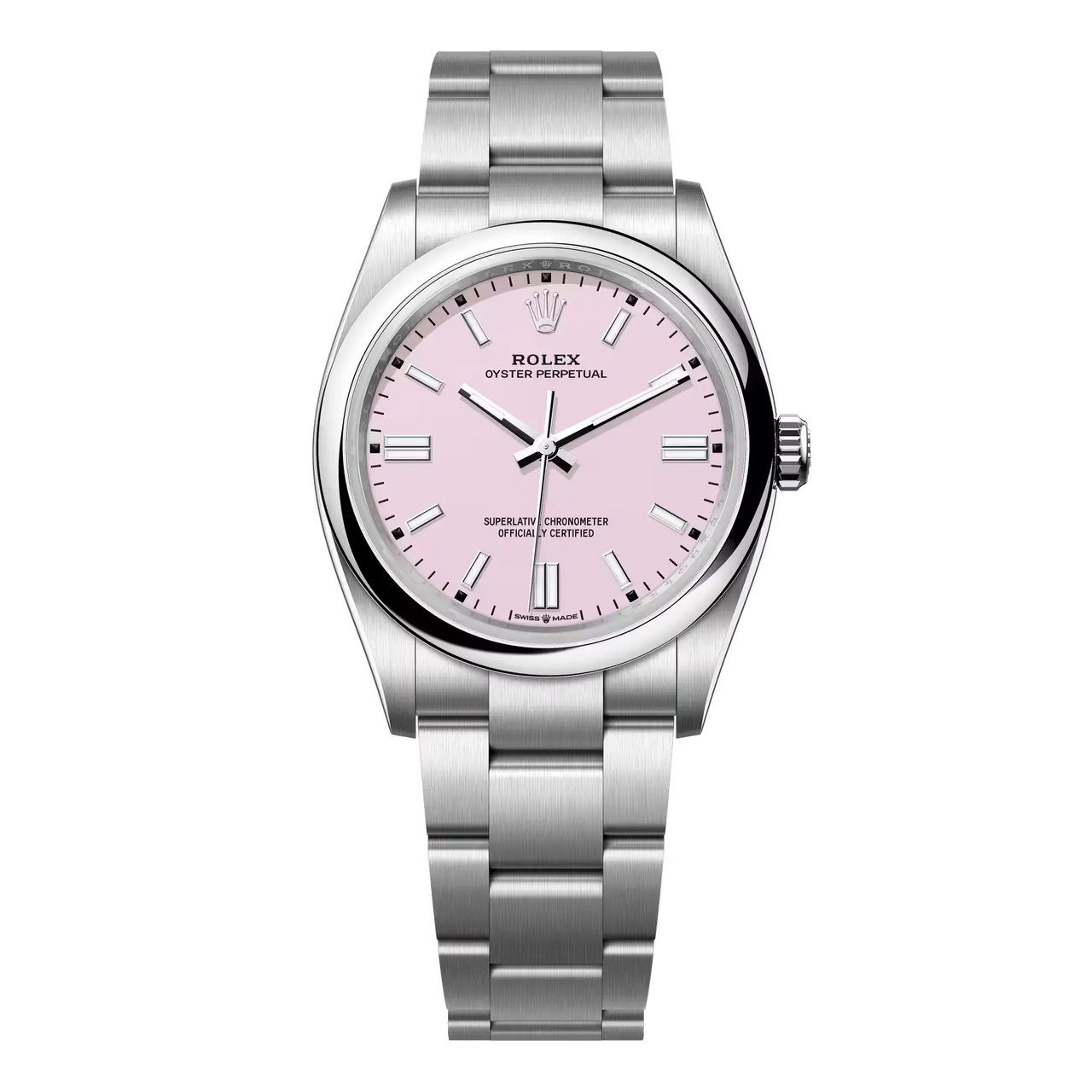 The Oyster Perpetual 36 with a candy pink dial and an Oyster bracelet.