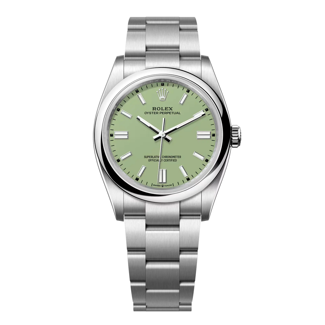 The Oyster Perpetual 36 with a pistachio dial and an Oyster bracelet.