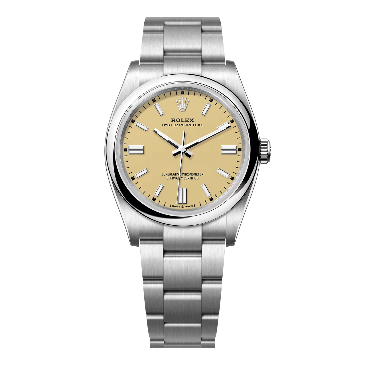 The Oyster Perpetual 36 with a beige dial and an Oyster bracelet.