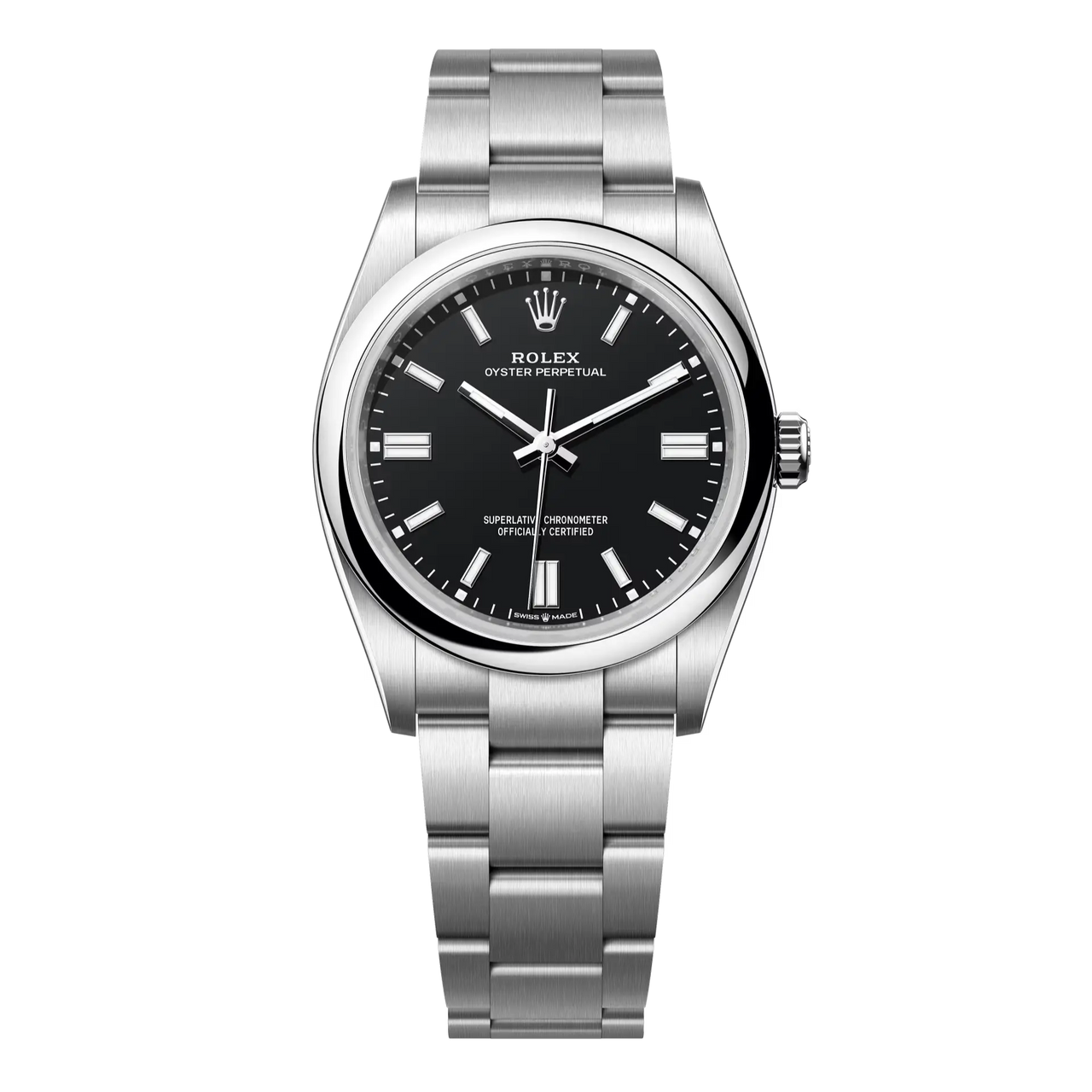 The Oyster Perpetual 36 with a black dial and an Oyster bracelet.