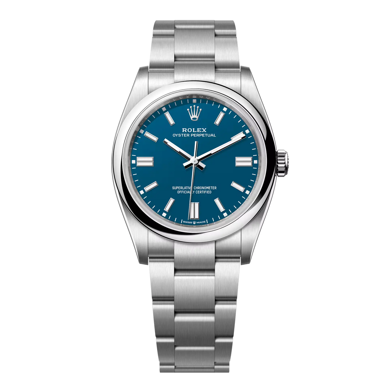 The Oyster Perpetual 36 with a med blue dial and an Oyster bracelet.