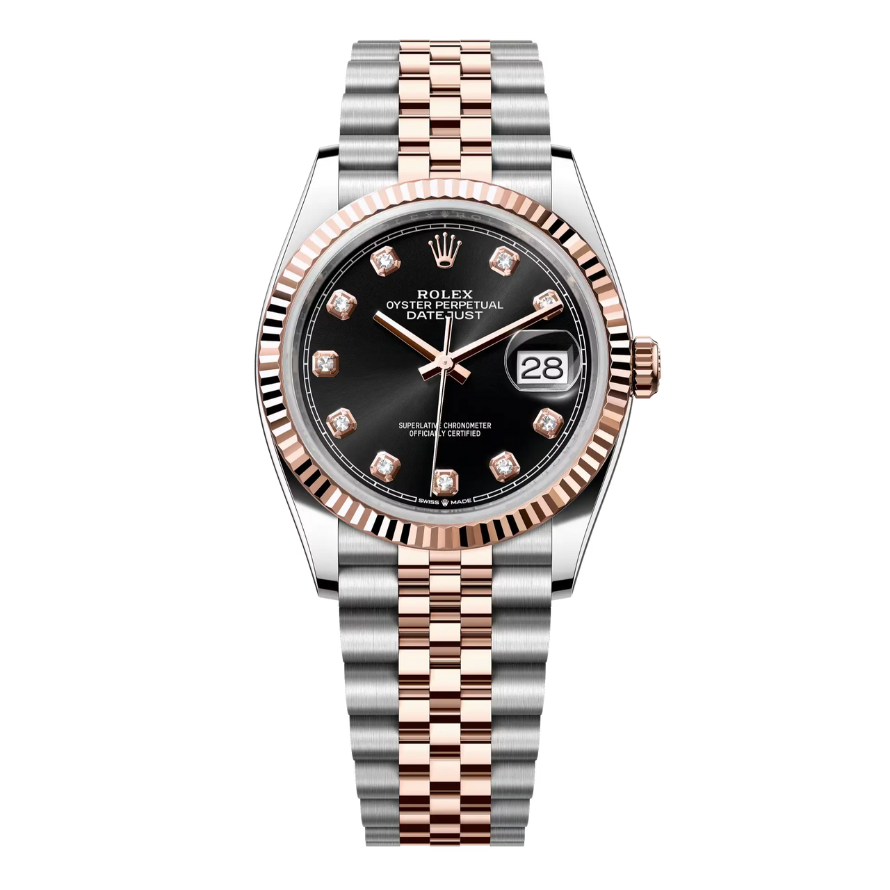 Datejust 36 in Oystersteel and Everose gold features a bright black, diamond-set dial and a Jubilee bracelet.