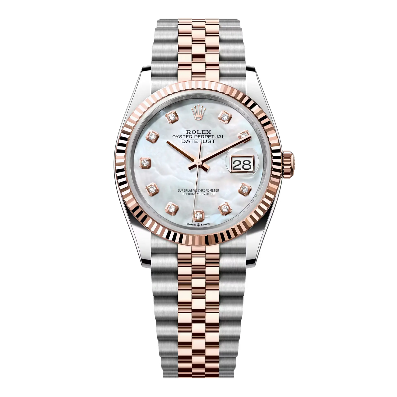Datejust 36 in Oystersteel and Everose gold features a white mother-of-pearl, diamond-set dial and a Jubilee bracelet.