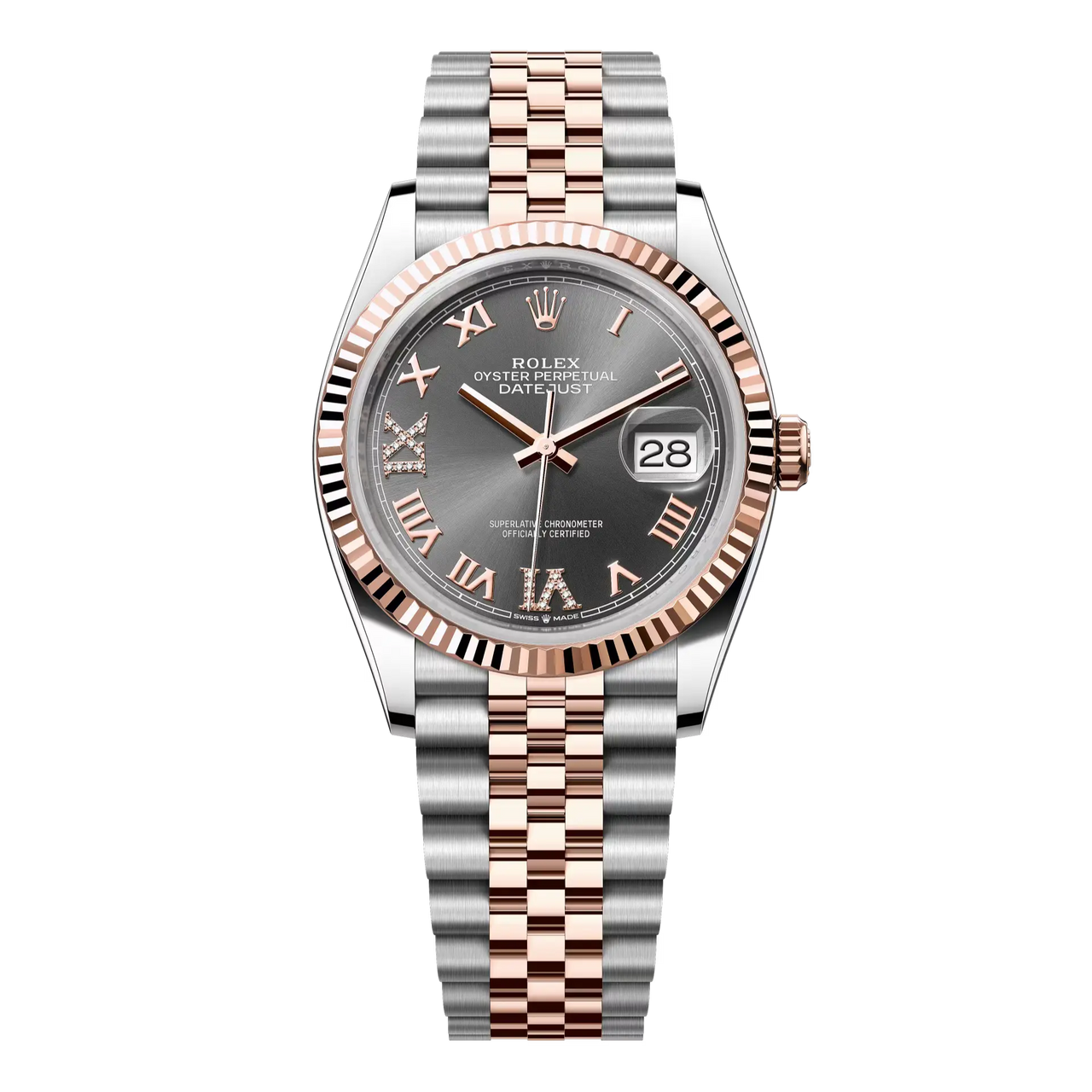Datejust 36 in Oystersteel and Everose gold features a slate, diamond-set dial and a Jubilee bracelet.