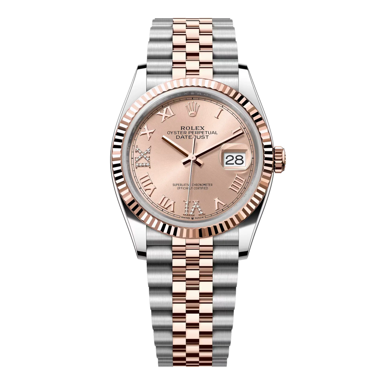 Datejust 36 in Oystersteel and Everose gold features a rosé colour, diamond-set dial and a Jubilee bracelet.