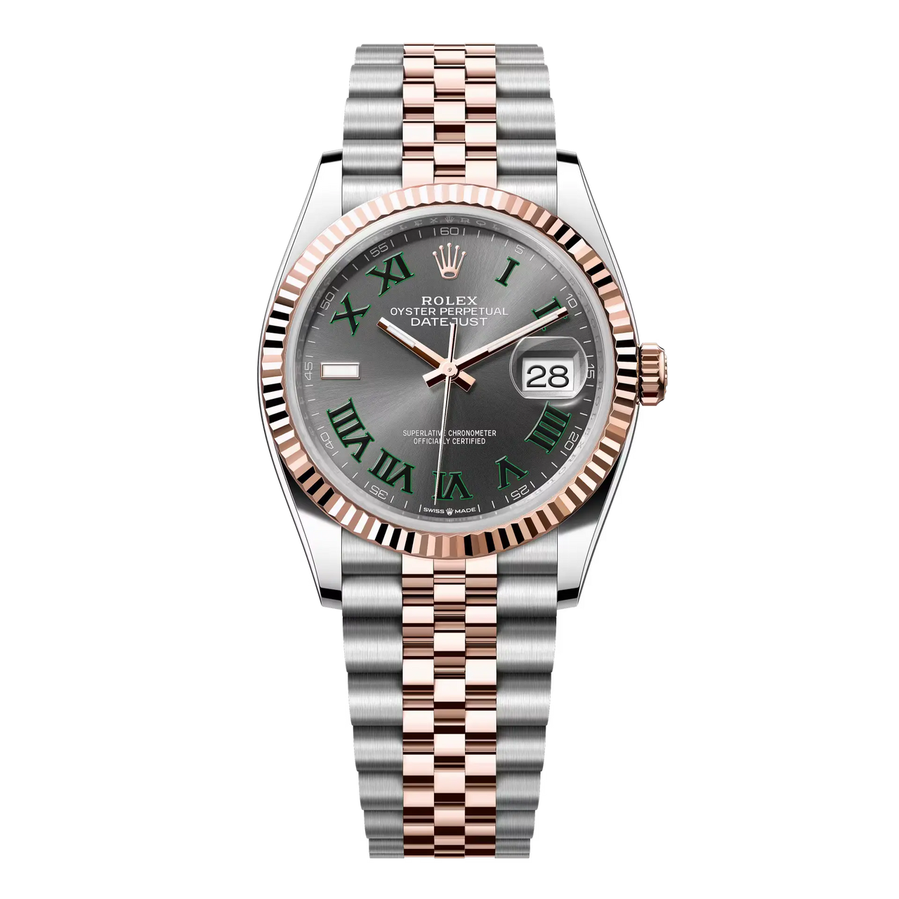 Datejust 36 in Oystersteel and Everose gold features a Wimbledon dial and a Jubilee bracelet.
