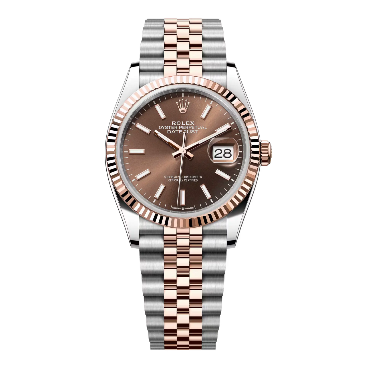 Datejust 36 in Oystersteel and Everose gold features a chocolate dial and a Jubilee bracelet.