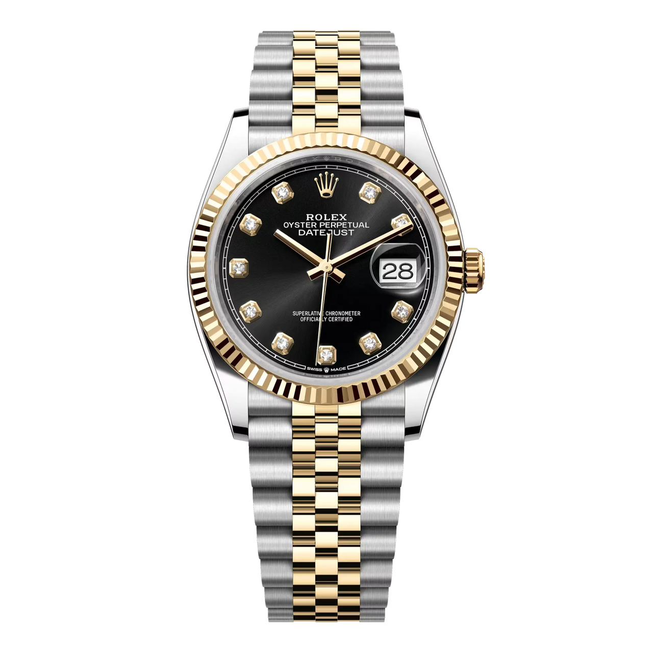 Datejust 36 in Oystersteel and yellow gold features a bright black, diamond-set dial and a Jubilee bracelet.