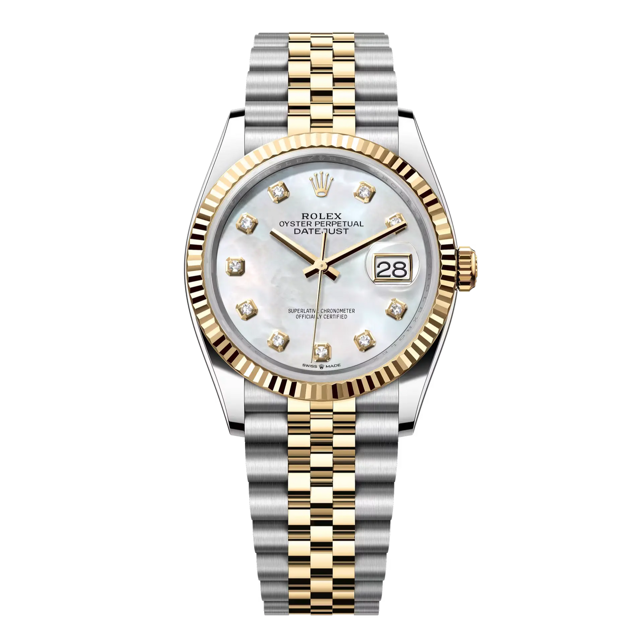 Datejust 36 in Oystersteel and yellow gold features a white mother-of-pearl, diamond-set dial and a Jubilee bracelet.