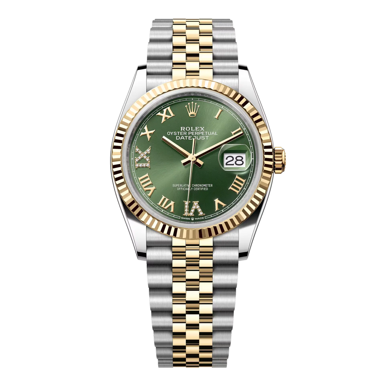 Datejust 36 in Oystersteel and yellow gold features an olive-green, diamond-set dial and a Jubilee bracelet.