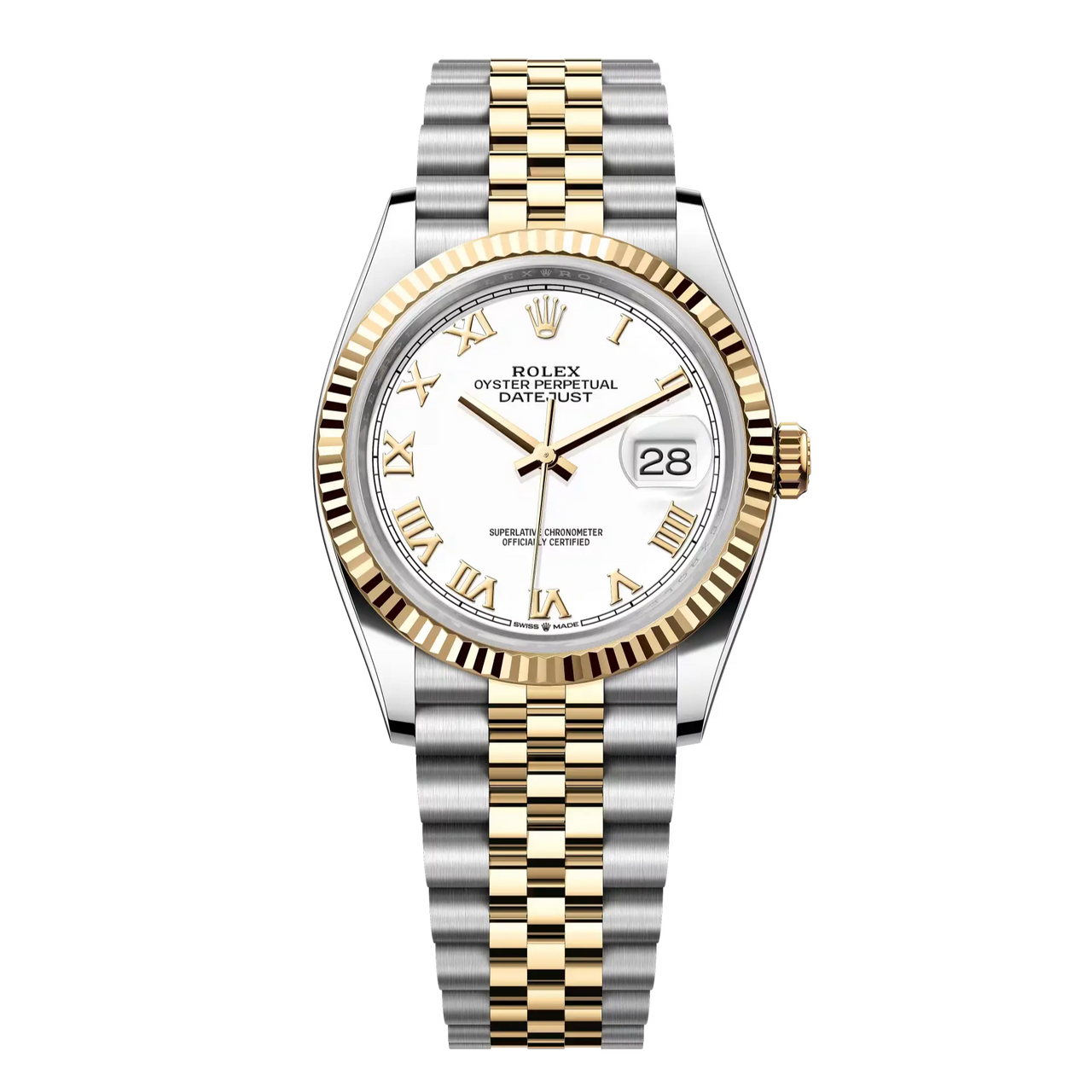Datejust 36 in Oystersteel and yellow gold features a white dial and a Jubilee bracelet.
