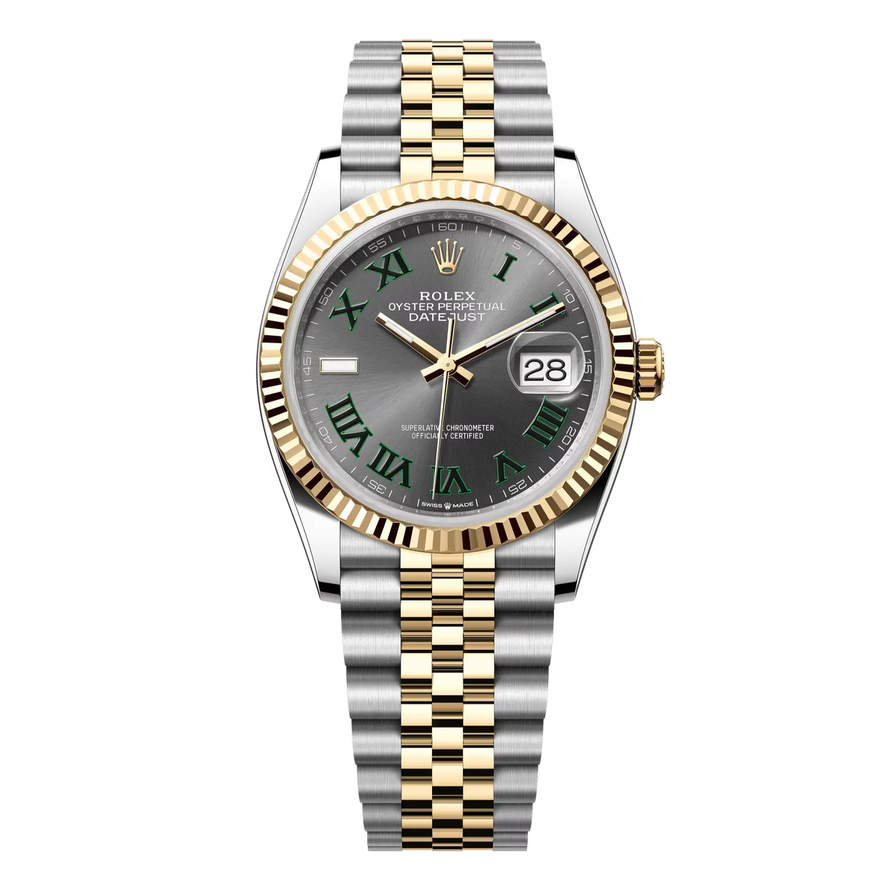 Datejust 36 in Oystersteel and yellow gold features a Wimbledon dial and a Jubilee bracelet.