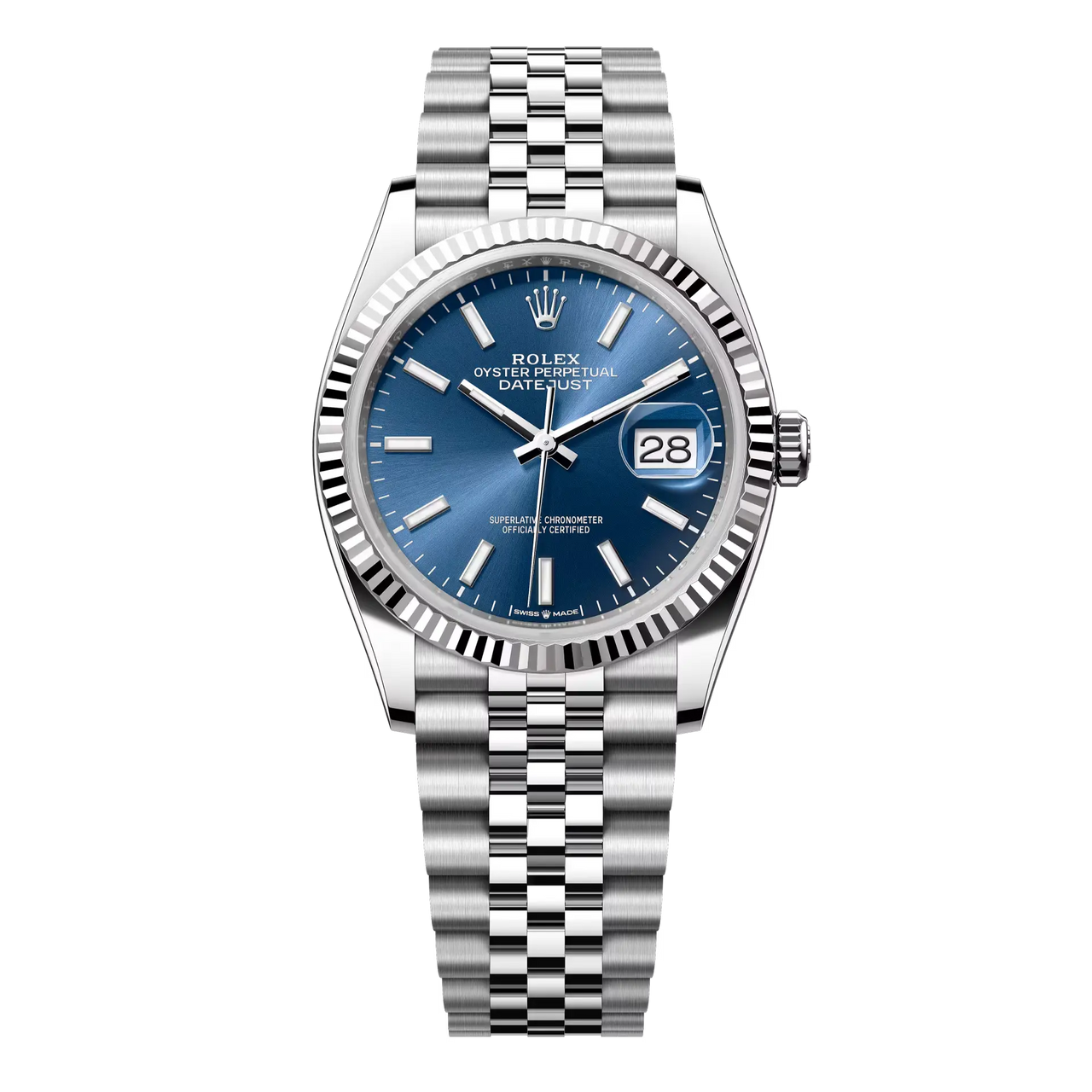 Datejust 36 in Oystersteel and white gold features a bright blue dial and a Jubilee bracelet.