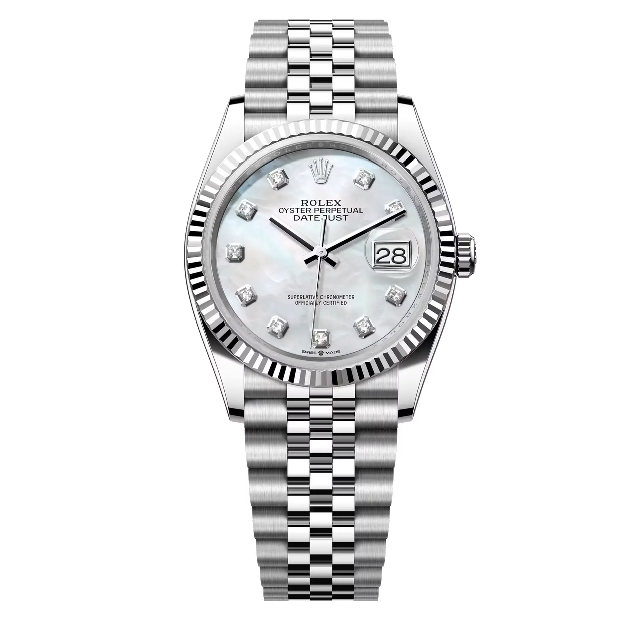 Datejust 36 in Oystersteel and white gold features a white mother-of-pearl, diamond-set dial and a Jubilee bracelet.