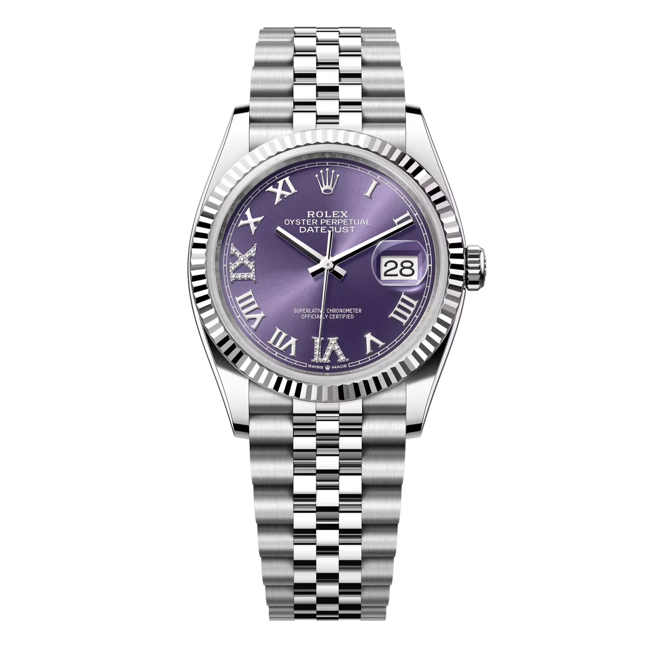 Datejust 36 in Oystersteel and white gold features an aubergine, diamond-set dial and a Jubilee bracelet.