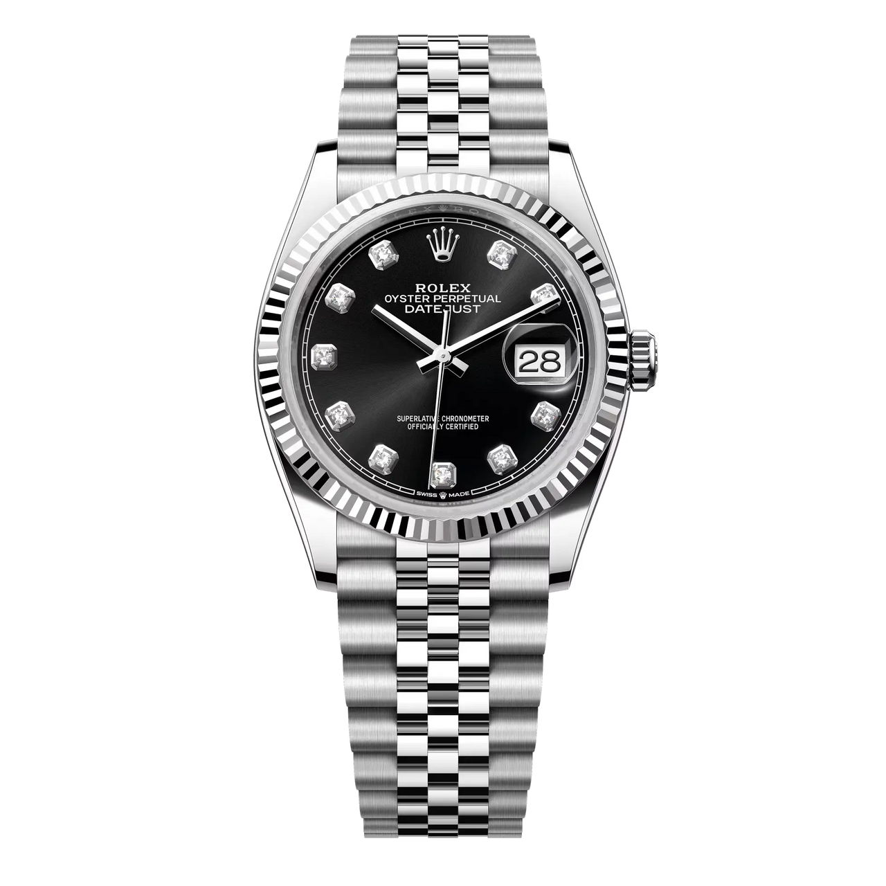 Datejust 36 in Oystersteel and white gold features a bright black, diamond-set dial and a Jubilee bracelet.
