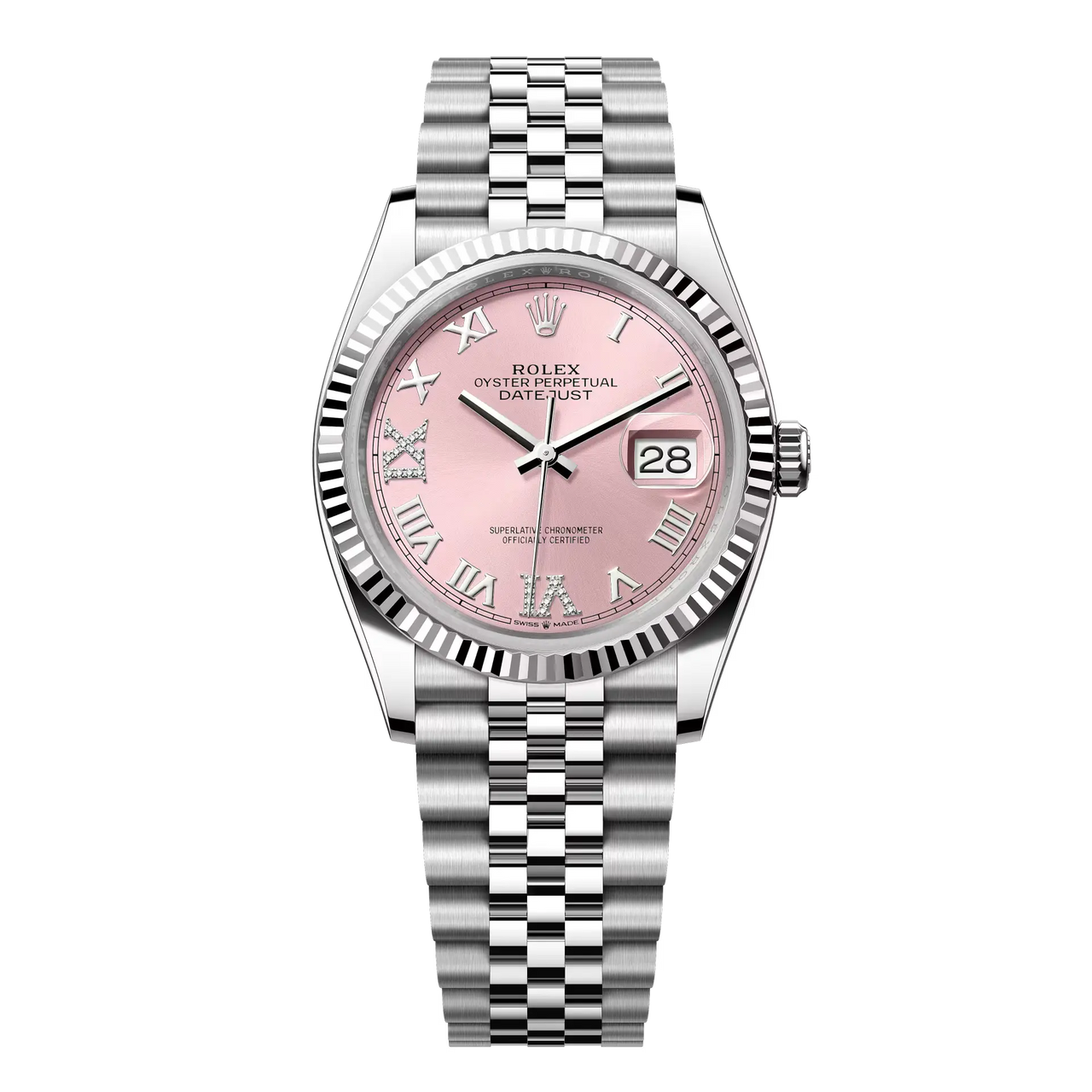 Datejust 36 in Oystersteel and white gold features a pink, diamond-set dial and a Jubilee bracelet.