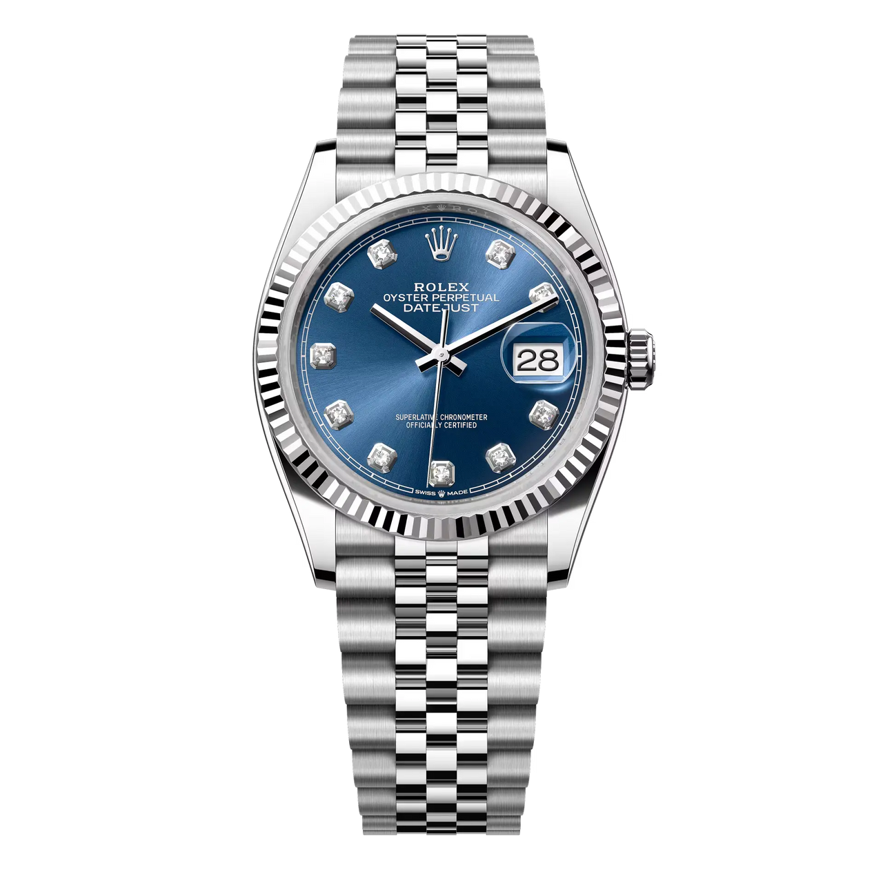 Datejust 36 in Oystersteel and white gold features a bright blue, diamond-set dial and a Jubilee bracelet.