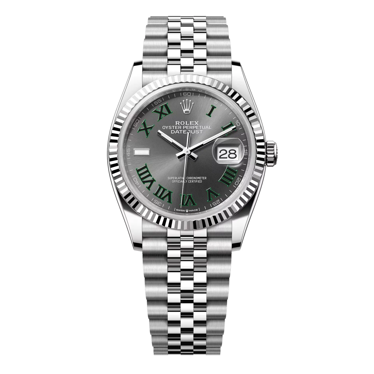 This Oyster Perpetual Datejust 36 in Oystersteel and white gold features a Wimbledon dial and a Jubilee bracelet.