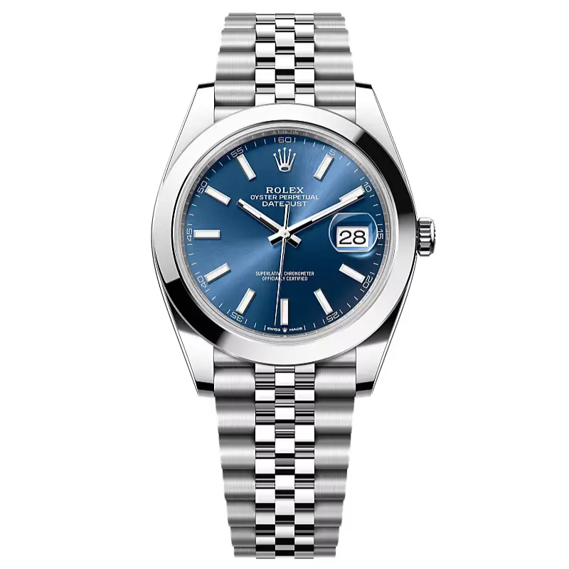 Datejust 41 in Oystersteel features a bright blue dial and a Jubilee bracelet.