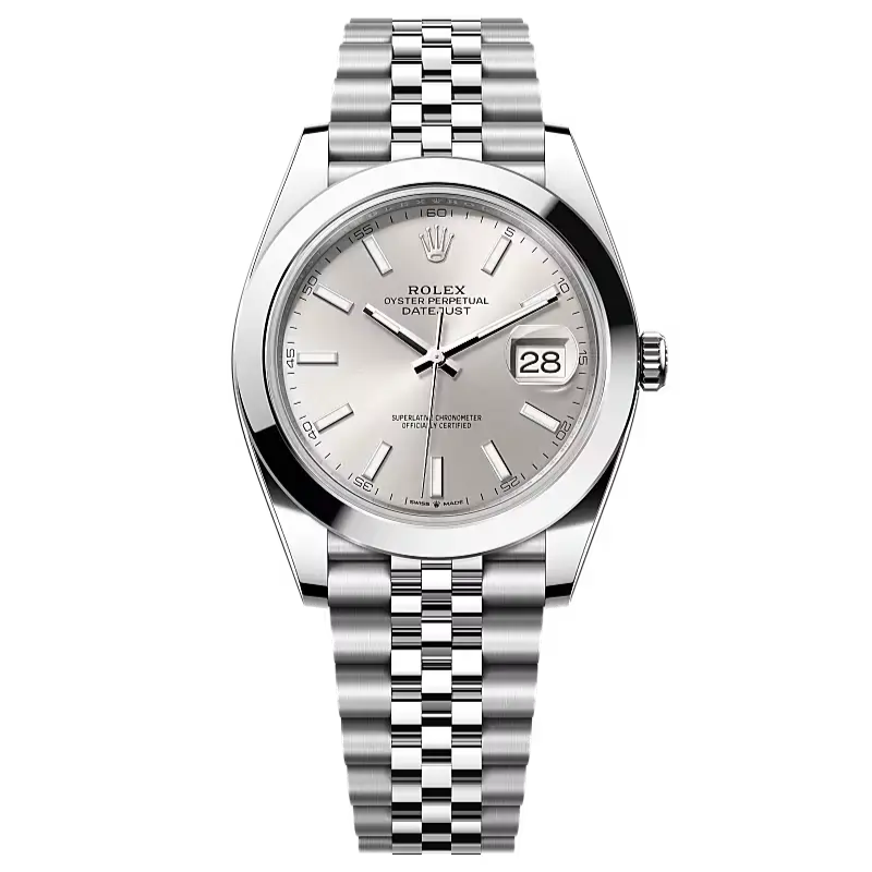 Datejust 41 in Oystersteel features a silver dial and a Jubilee bracelet.