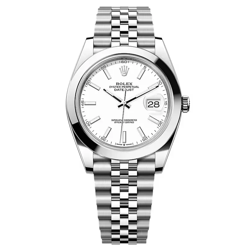 Datejust 41 in Oystersteel features a white dial and a Jubilee bracelet.