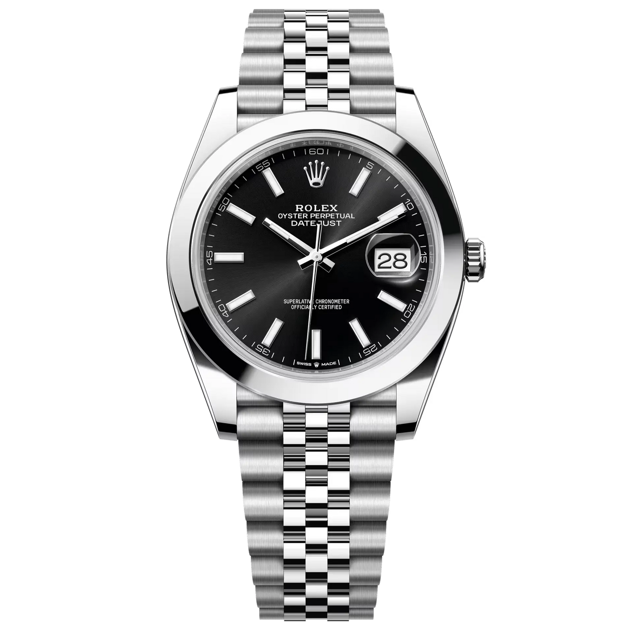 Datejust 41 in Oystersteel features a bright black dial and a Jubilee bracelet.