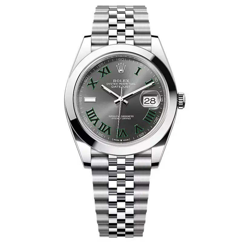 Datejust 41 in Oystersteel features a wimbledon dial and a Jubilee bracelet.
