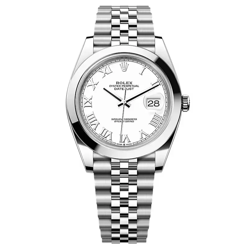 Datejust 41 in Oystersteel features a white dial and a Jubilee bracelet.