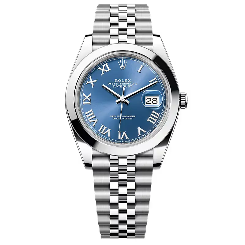 Datejust 41 in Oystersteel features an azzurro-blue dial and a Jubilee bracelet.