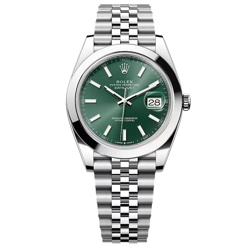 Datejust 41 in Oystersteel features a mint green dial and a Jubilee bracelet.