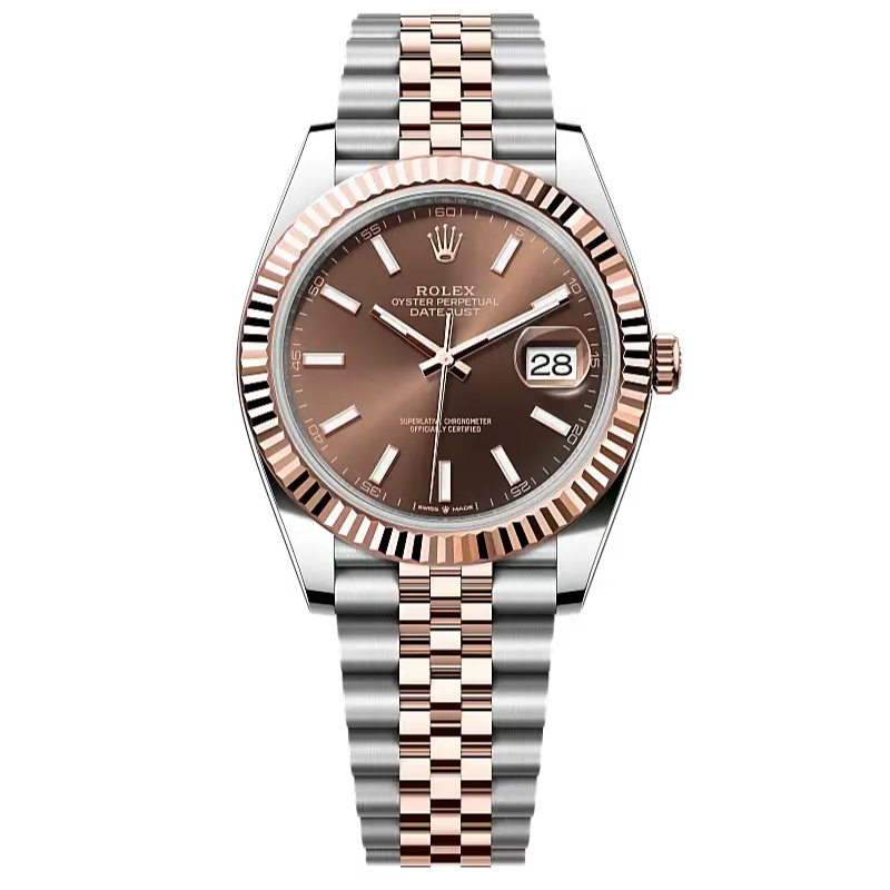 Datejust 41 in Oystersteel and Everose gold features a chocolate dial and a Jubilee bracelet.