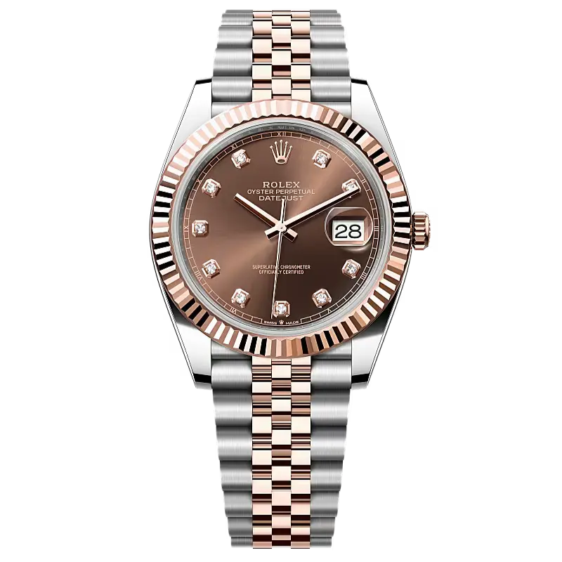 Datejust 41 in Oystersteel and Everose gold features a chocolate, diamond-set dial and a Jubilee bracelet.