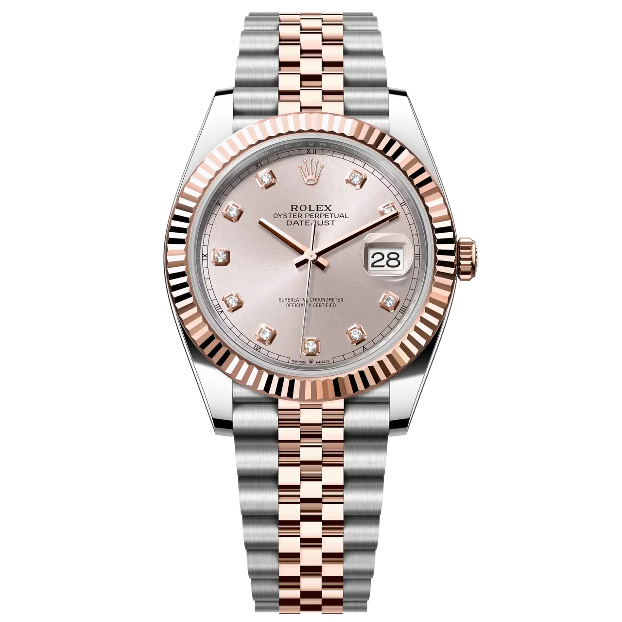 Datejust 41 in Oystersteel and Everose gold features a Sundust, diamond-set dial and a Jubilee bracelet.