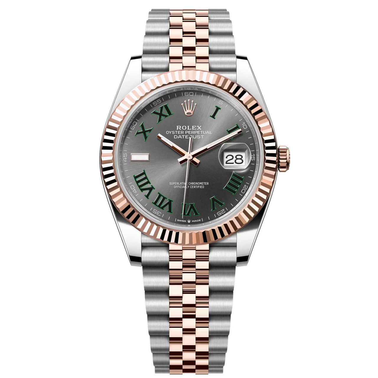 Datejust 41 in Oystersteel and Everose gold features a slate dial and a Jubilee bracelet.