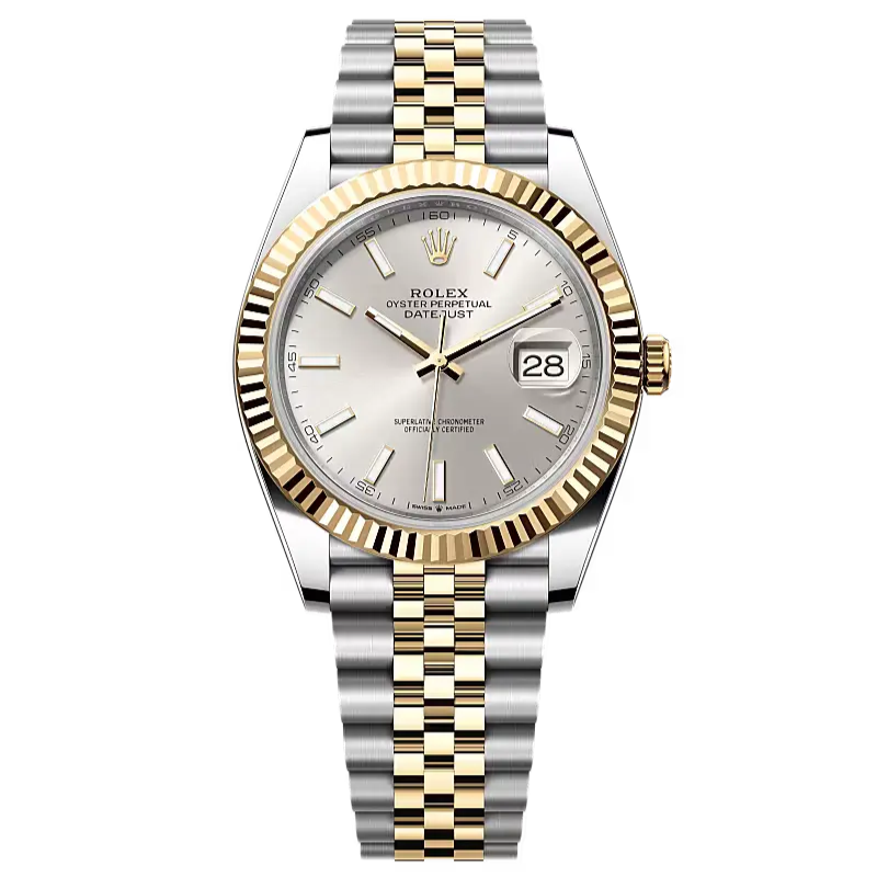 Datejust 41 in Oystersteel and yellow gold features a silver dial and a Jubilee bracelet.
