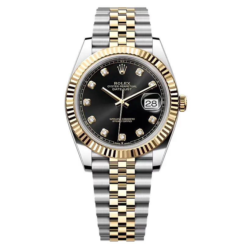 Datejust 41 in Oystersteel and yellow gold features a bright black, diamond-set dial and a Jubilee bracelet.