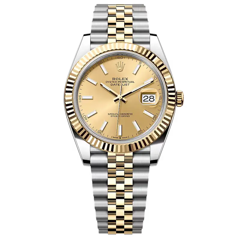 Datejust 41 in Oystersteel and yellow gold features a champagne-colour dial and a Jubilee bracelet.