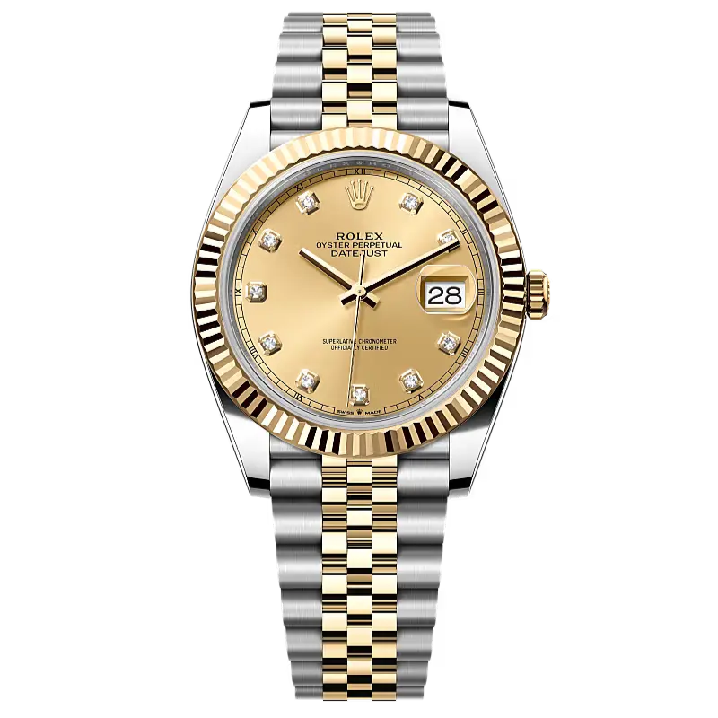 Datejust 41 in Oystersteel and yellow gold features a champagne colour, diamond-set dial and a Jubilee bracelet.
