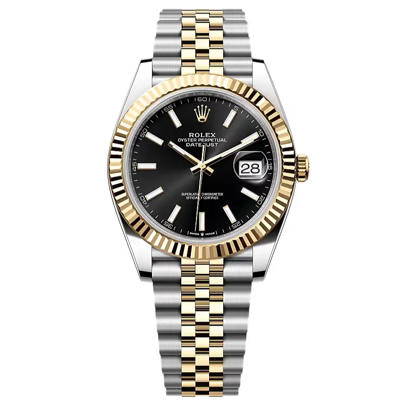 Datejust 41 in Oystersteel and yellow gold features a bright black dial and a Jubilee bracelet.