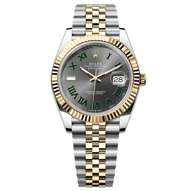 Datejust 41 in Oystersteel and yellow gold features a Wimbledon dial and a Jubilee bracelet.
