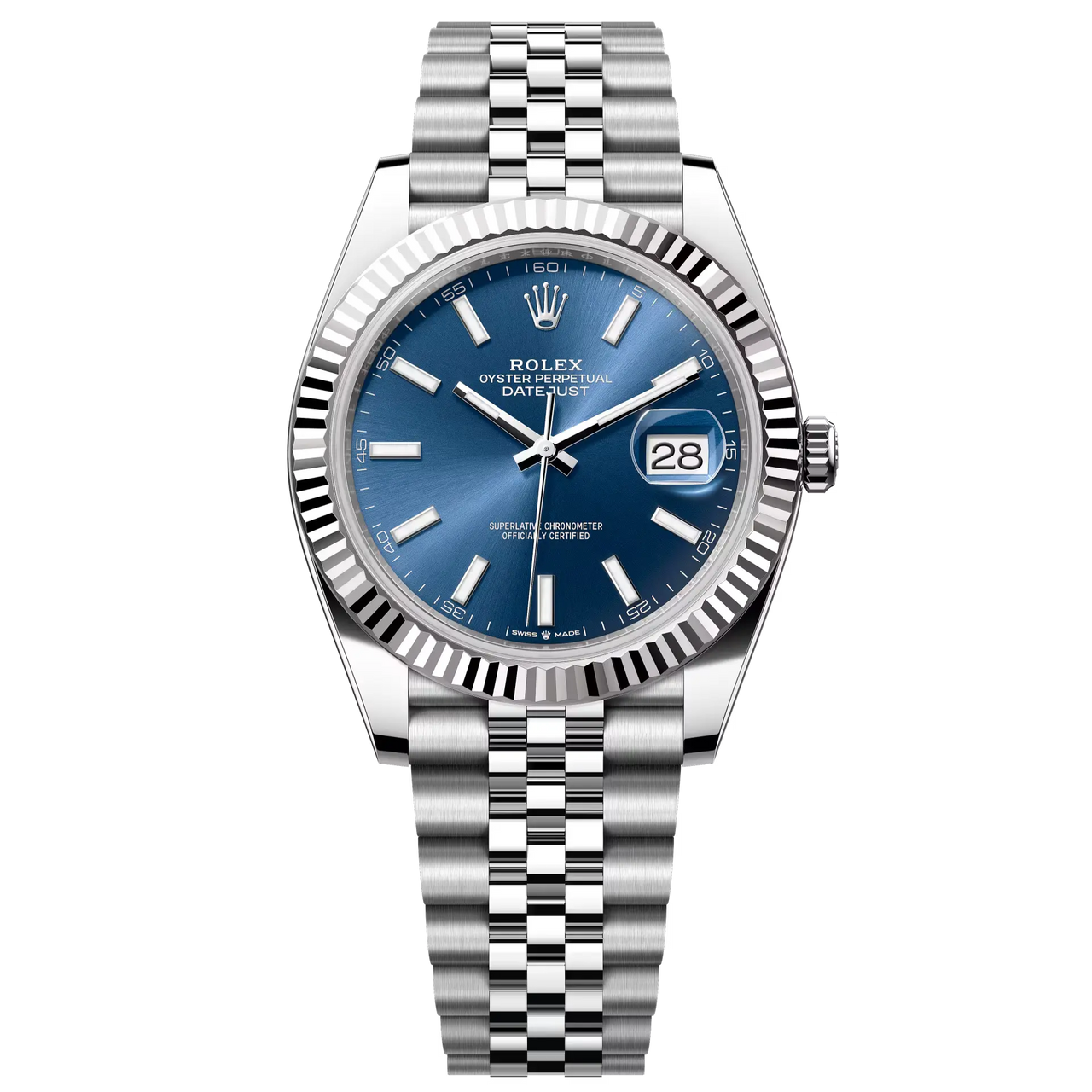 Datejust 41 in Oystersteel and white gold features a bright blue dial and a Jubilee bracelet.