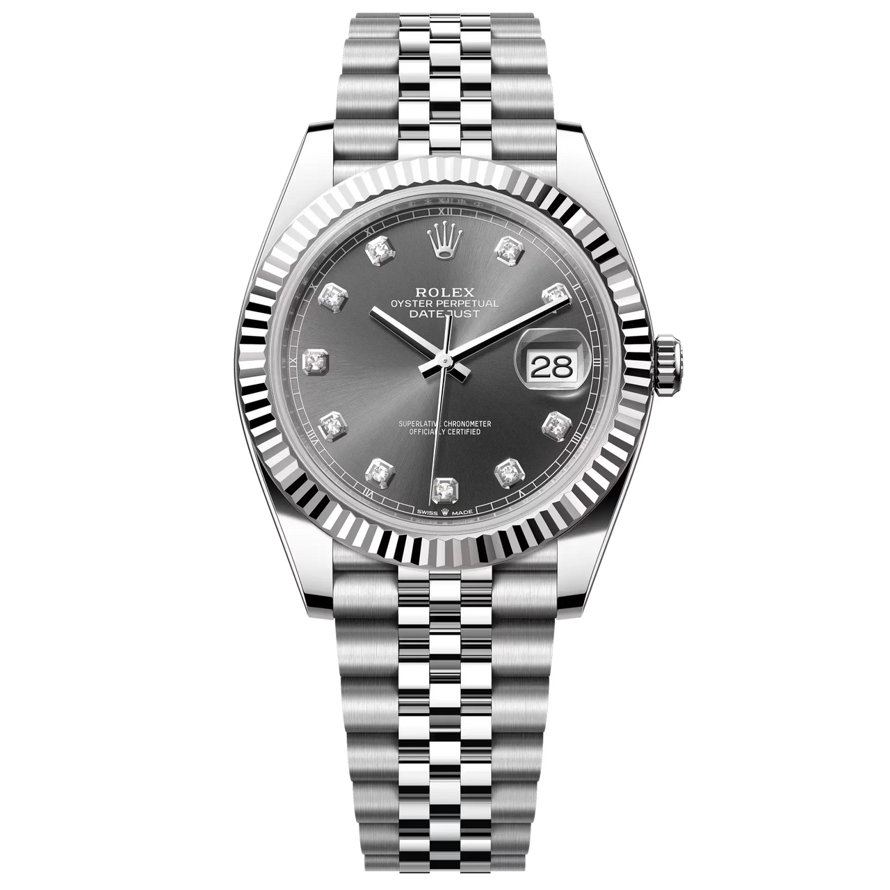 Datejust 41 in Oystersteel and white gold features a slate, diamond-set dial and a Jubilee bracelet.