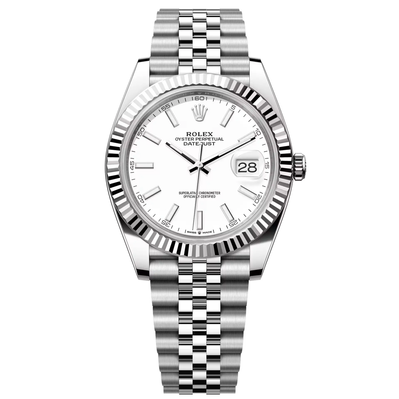 Datejust 41 in Oystersteel and white gold features a white dial and a Jubilee bracelet.