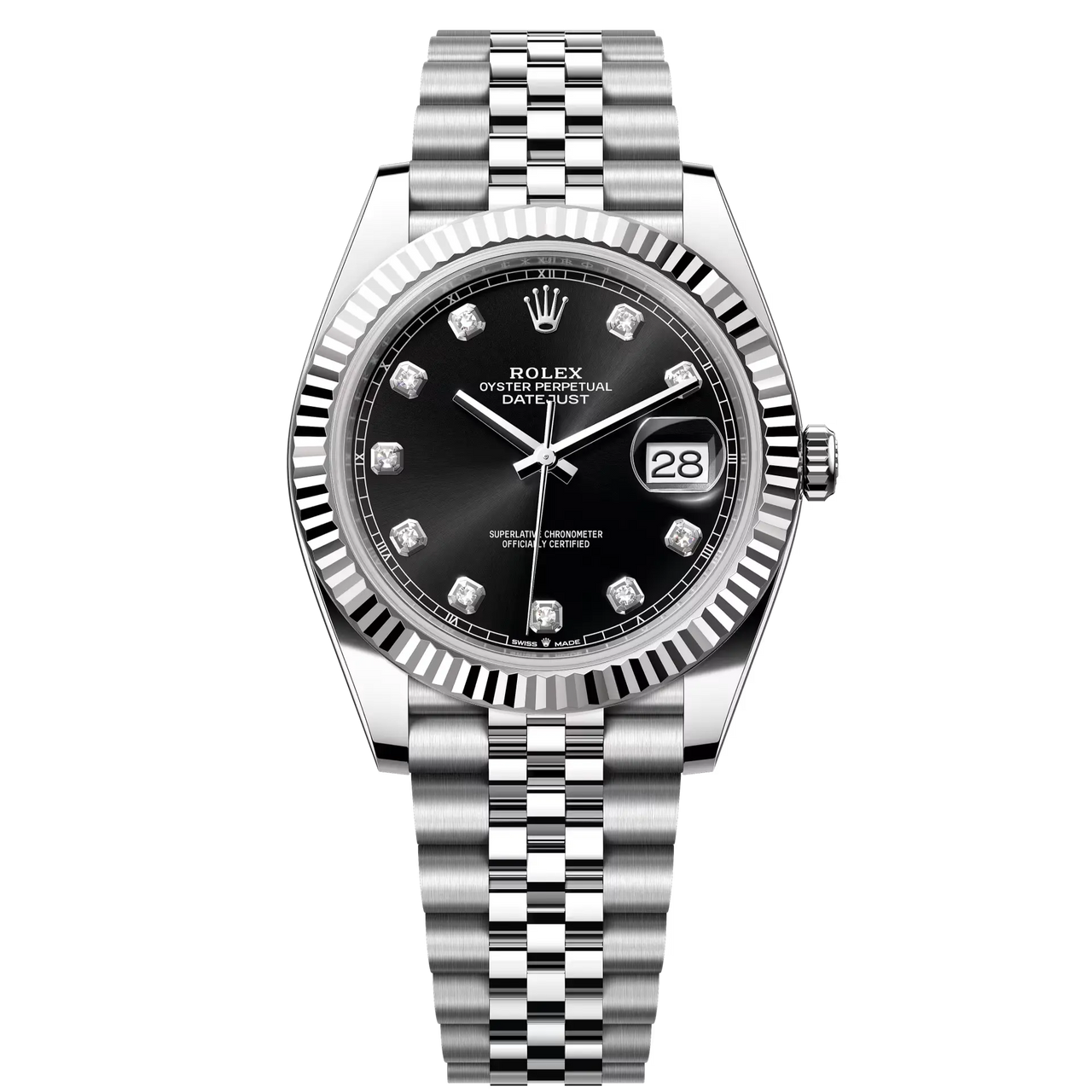 Datejust 41 in Oystersteel and white gold features a bright black, diamond-set dial and a Jubilee bracelet.